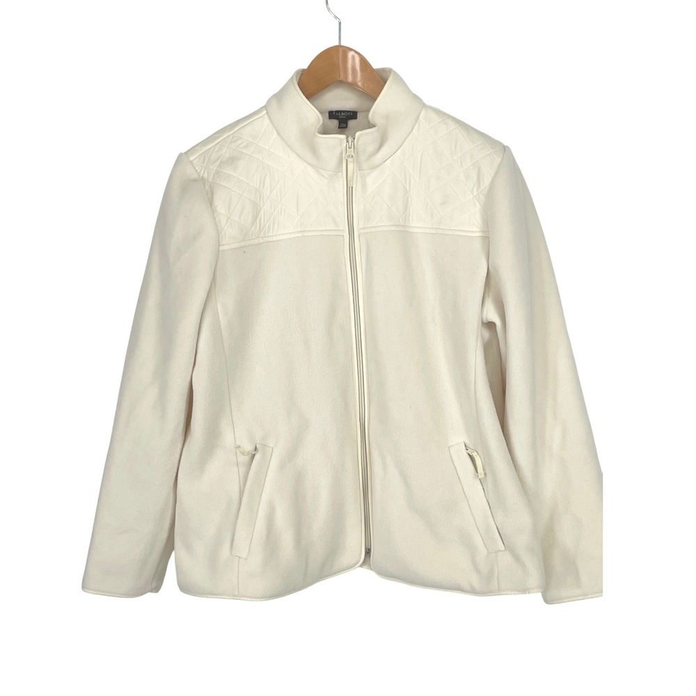 Talbots Women Jacket XLP Fleece Ivory Quilted Shoulder Elbow Patches Outdoor